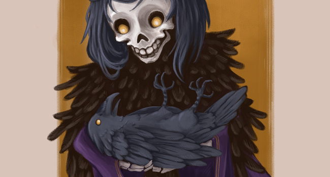 Digital painting of a spooky ghoul holding a crow