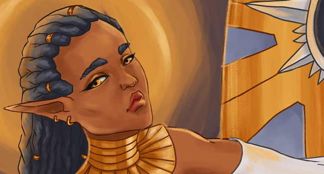 Digital painting of a gold-laden necromancer lounging on a throne with a cup of wine