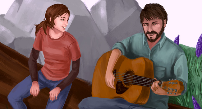 Digital painting of Joel playing guitar for Ellie
