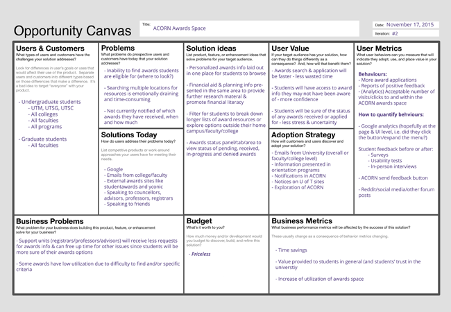 An opportunity canvas for the awards project