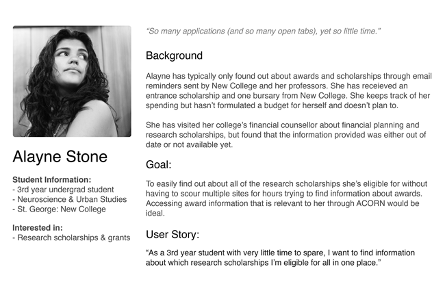 Example of a persona created for the Awards & Aid project.