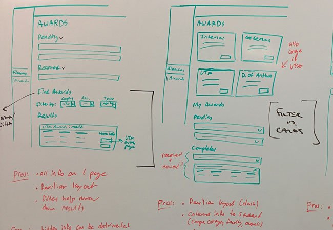 Some early low-fi whiteboard sketches of a possible redesign.