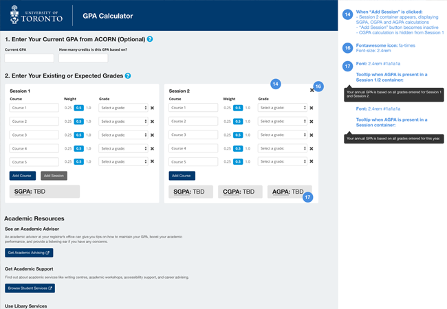 An early high-fidelity wireframe including specs for devs. The specs changed after further testing.